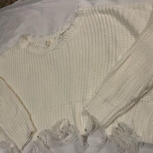 Off white cream knit distressed winter sweater fringe sweater long sleeve